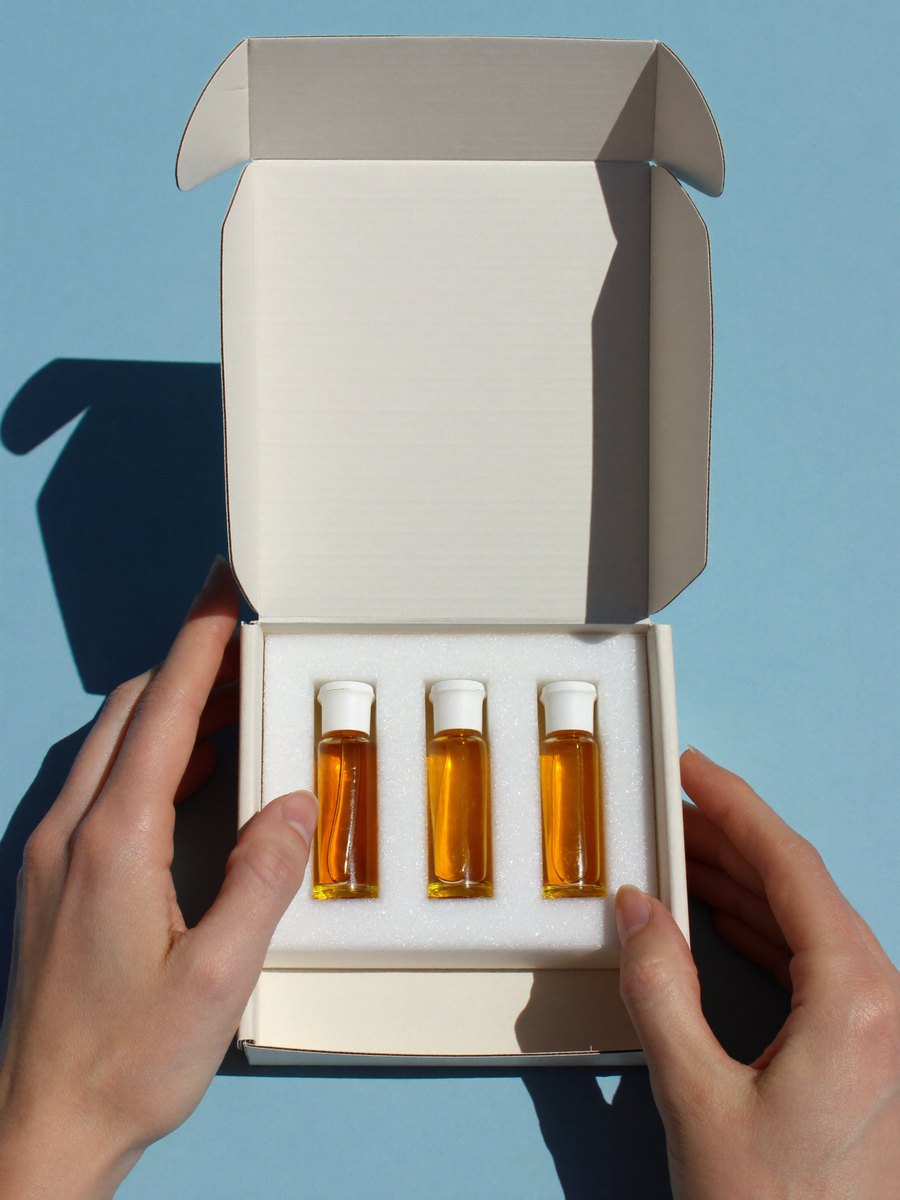 Hands setting down an open box of amber sample vials