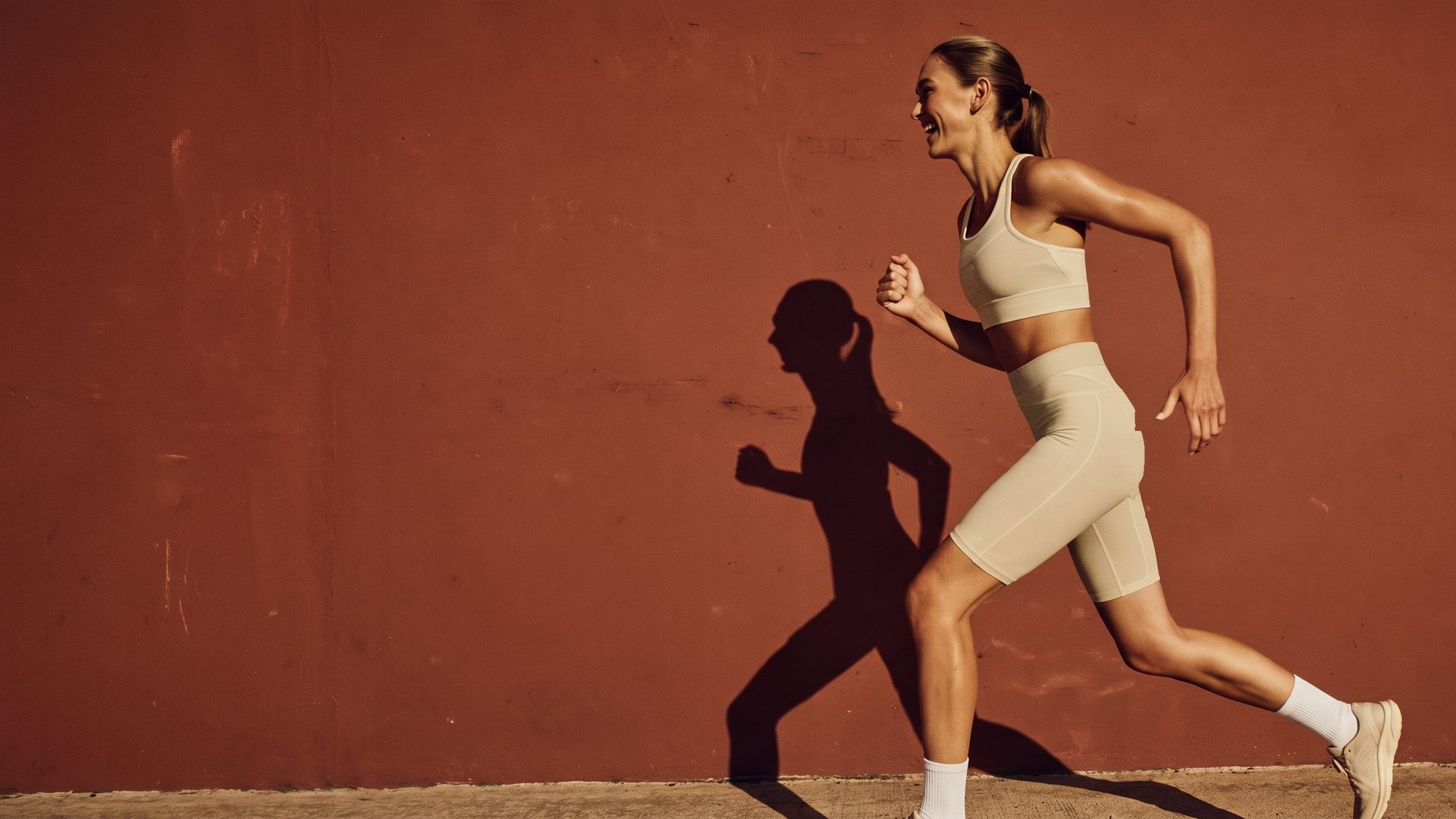 A woman running past a sunlit terracotta wall