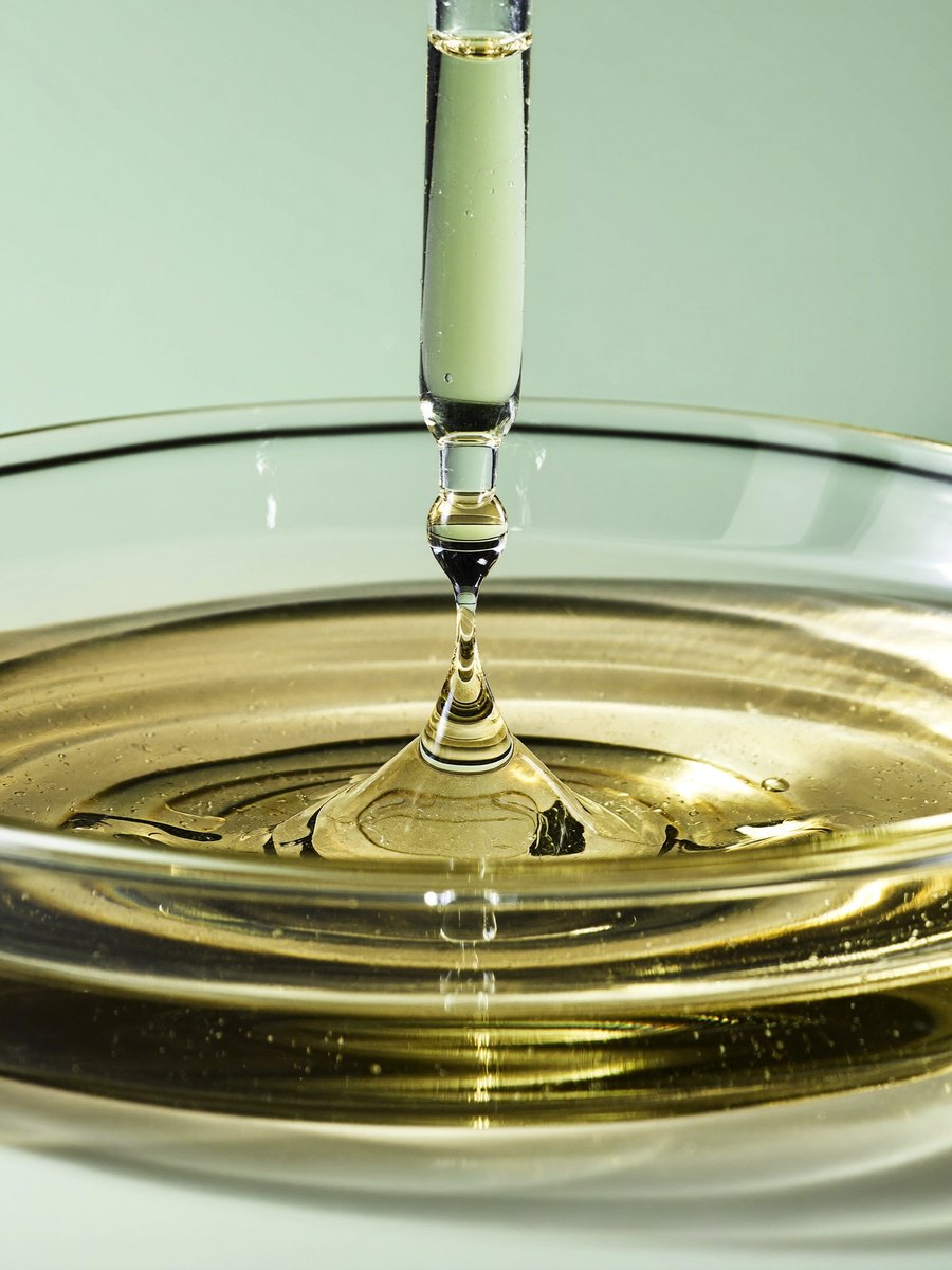 A single drop falling from a glass dropper into a dish of golden liquid