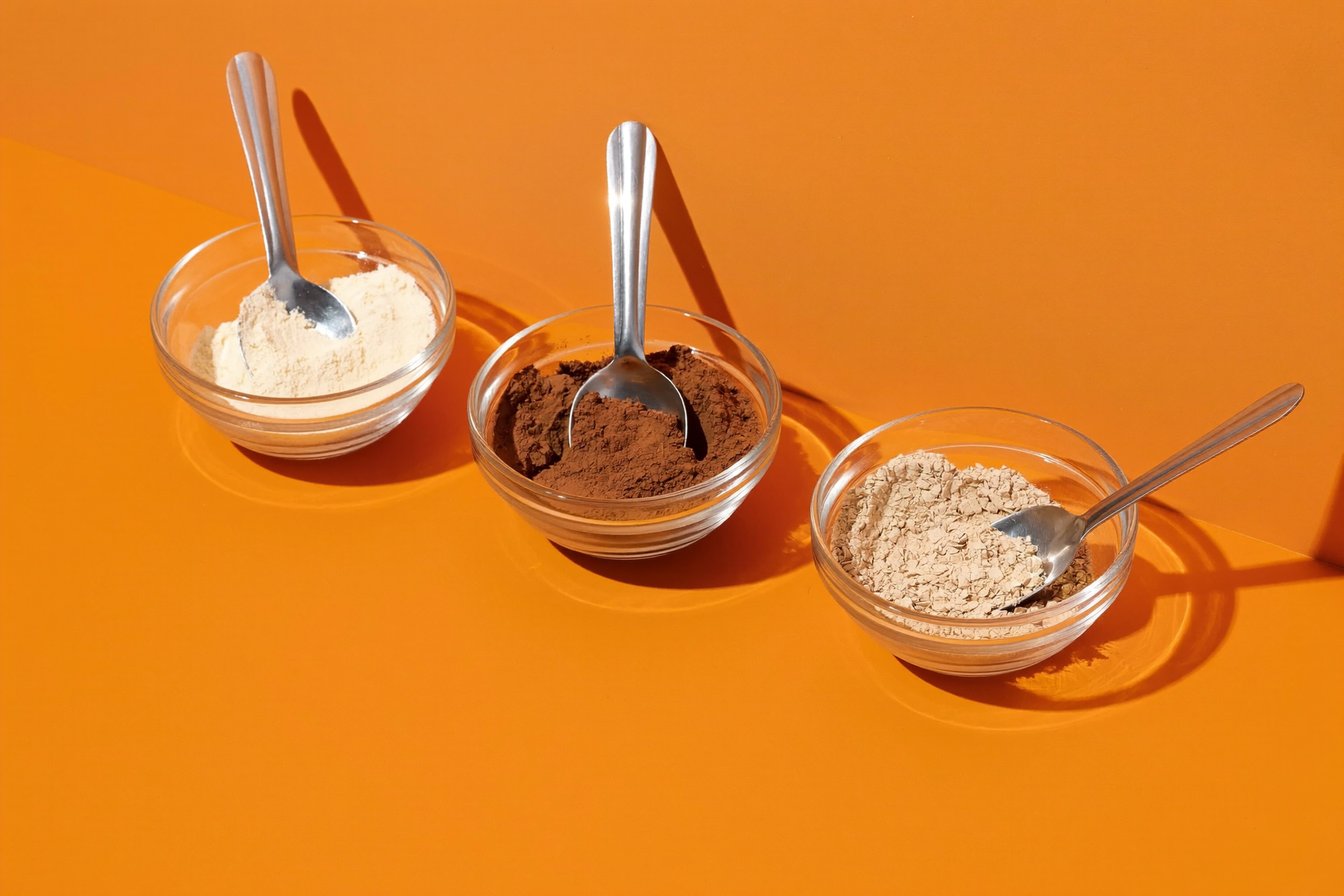 Three glass bowls of different protein powders with steel spoons on an orange ground