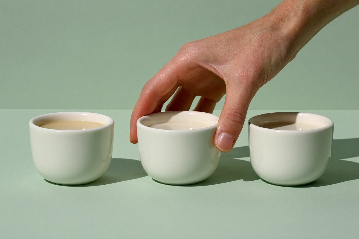 Three small tasting cups, one lifted from the row