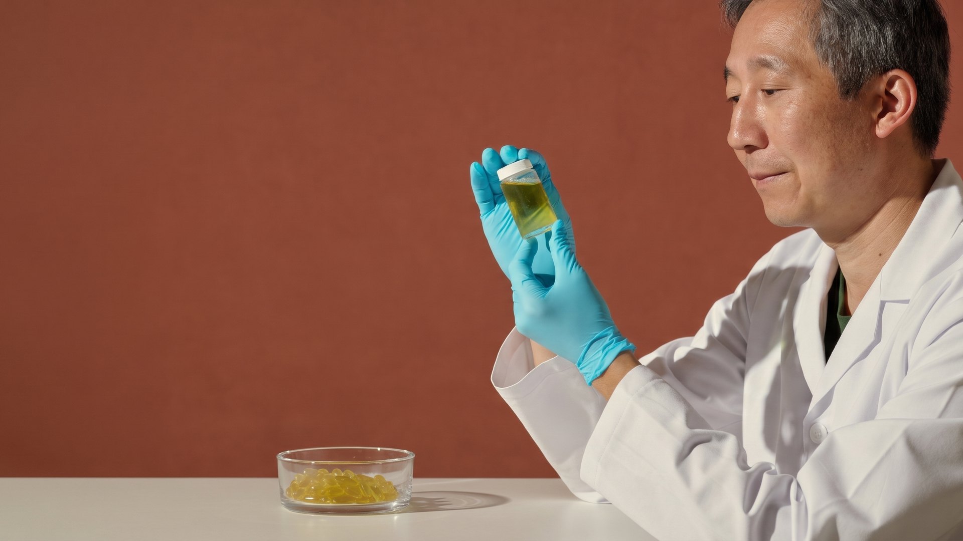 A scientist in a white coat and blue gloves studying a vial of golden supplement against the light