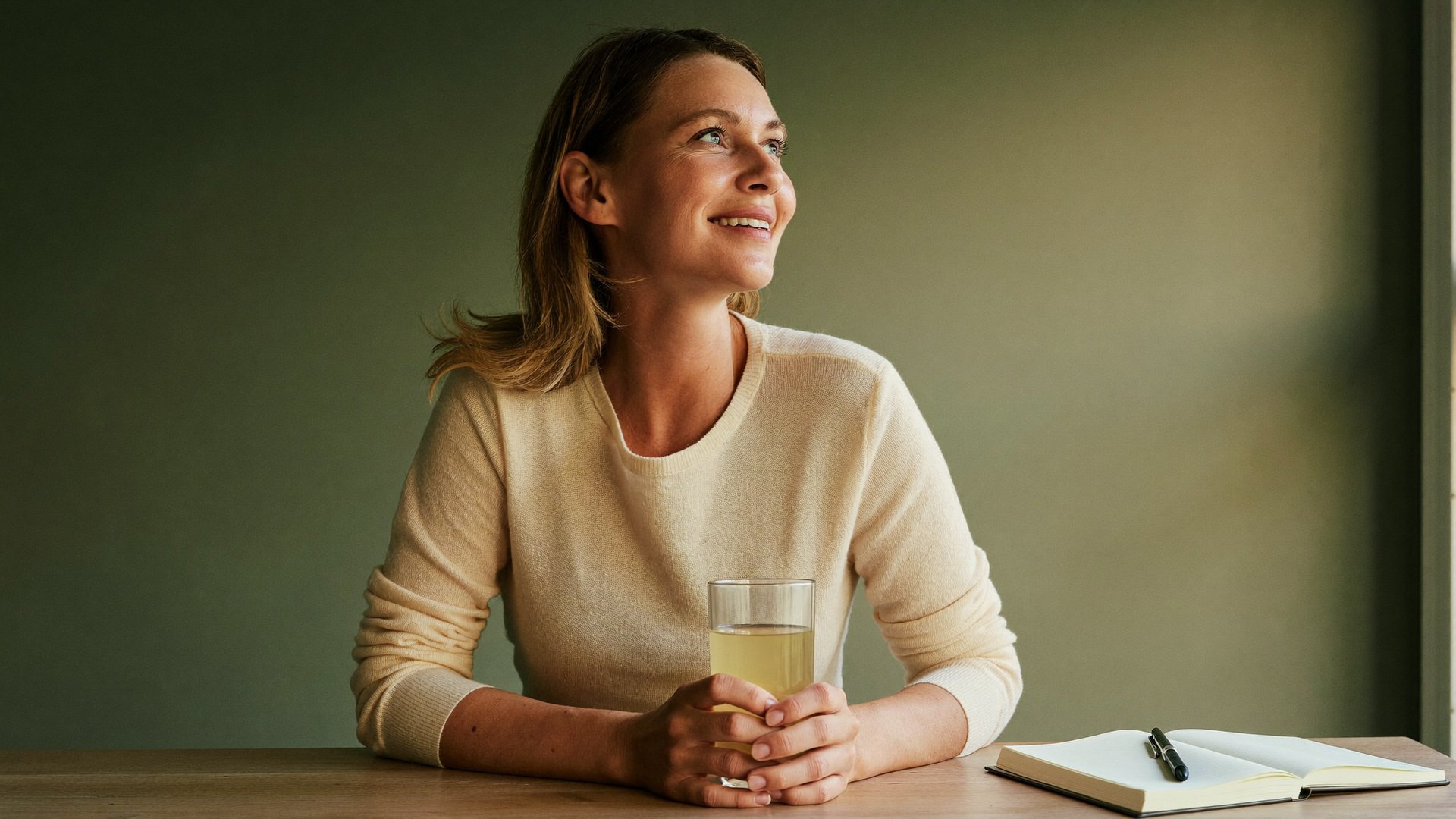 A woman at a kitchen table holding a glass of supplement drink, her check-in notebook open beside her
