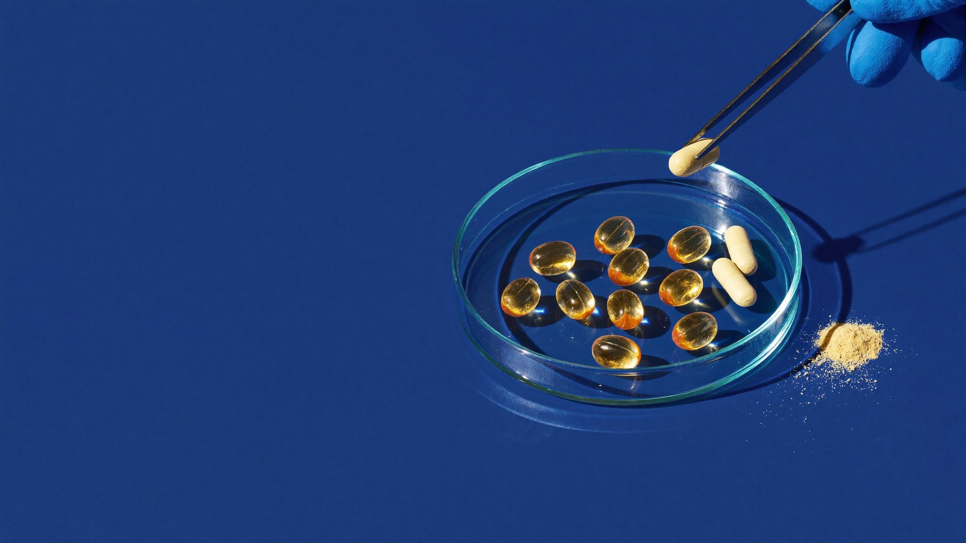 A gloved hand lifting a softgel with tweezers from a glass dish of softgels and capsules