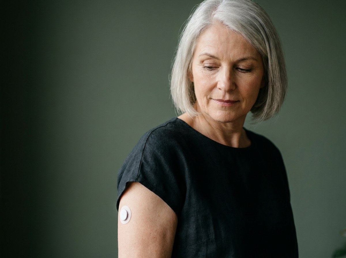 A study participant wearing a biosensor patch at home