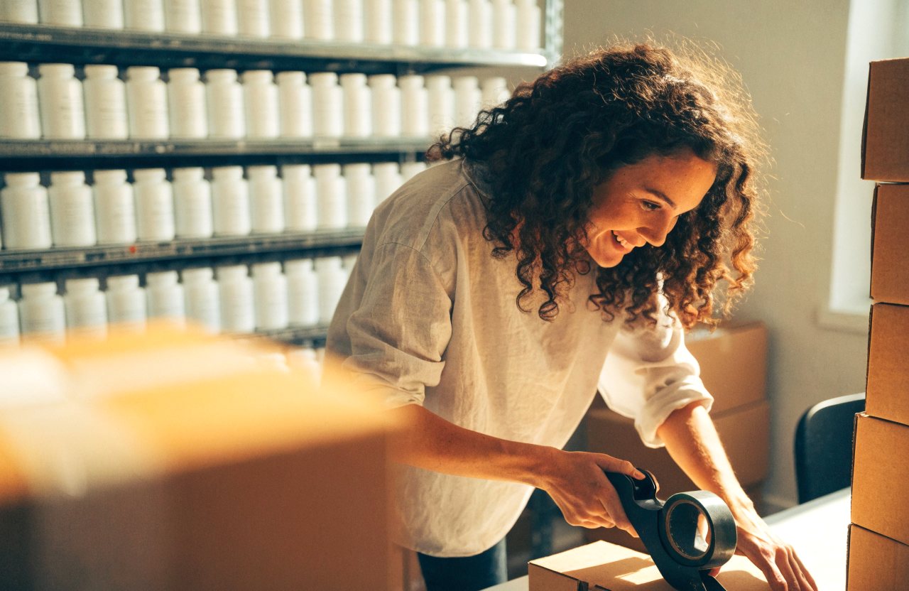 A founder packing shipping boxes among shelves of supplement bottles